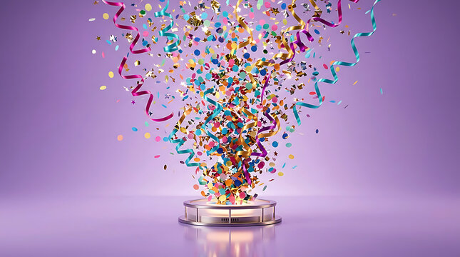Celebration party concept with confetti and streamer explosion on purple podium