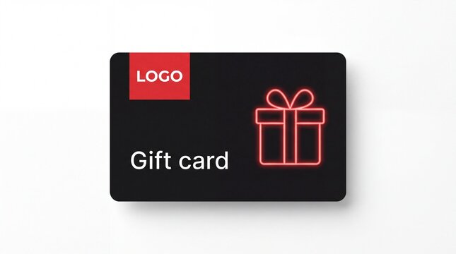 A black gift card with a red neon gift box icon and space for a logo with graphic red placeholder logo white background rectangular black celebration