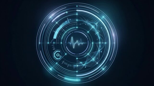 HUD, Technology interface loading with glowing blue circular graphics and digital data visualization elements on dark background for futuristic science fiction interface design.