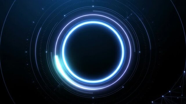 HUD, Technology interface loading with glowing blue circular loader graphic in digital cyberspace environment during futuristic abstract sci fi data visualization process.