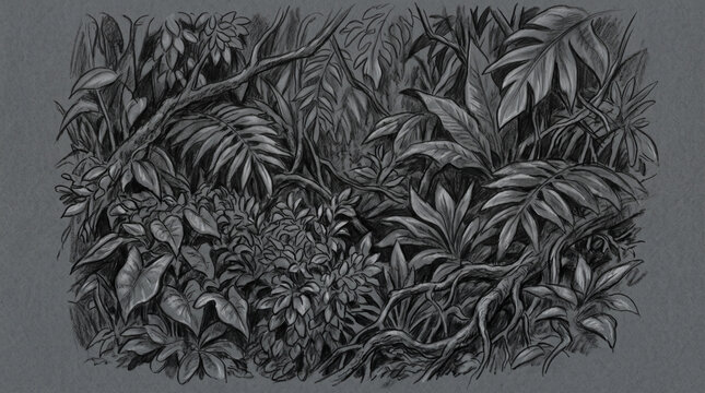 Detailed charcoal sketch of dense tropical rainforest foliage featuring tangled vines and lush leaves