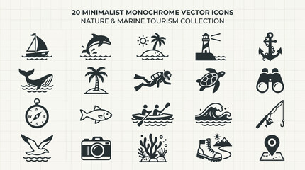 Fototapeta premium 20 Nature and Marine Tourism Vector Icon Set, Ocean Adventure, Beach Vacation, Nautical Travel Minimalist Monochrome Glyph Icons