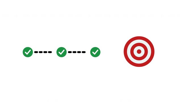 Animated checklist steps with check marks pointing to a red target hit by an arrow. Ideal for goal setting, business strategy, planning, and visualizing success