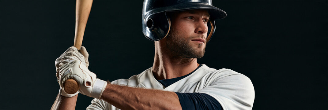 Baseball player grips bat, eyes focused. Dark background highlights athlete's determined expression. Professional stance shows readiness for action. Ideal for sports, fitness. Suitable for editorial