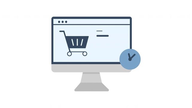 Animated online shopping history list icon. Monitor with clock and cart animation video to track, buy or shipping time, purchase schedule for app and website