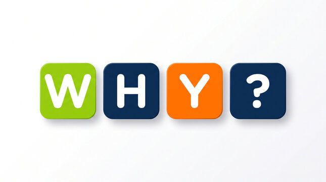 Colorful rounded square icon design elements featuring letters why question mark isolated on white background for user interface design purposes.