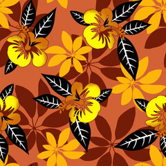 Vibrant floral pattern with yellow flowers and black leaves on orange background © Wolfworker