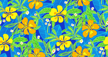 Vibrant floral pattern with yellow flowers and green leaves on blue background © Wolfworker