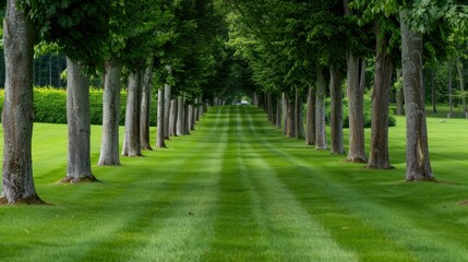 Obraz premium Serene Pathway Surrounded by Lush Green Trees and Well-Maintained Lawn in a Peaceful Landscape Setting