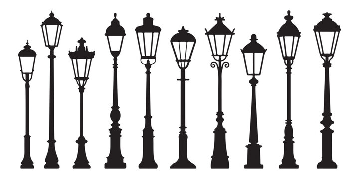 Elegant single lantern street light post silhouettes in traditional victorian style suitable for nostalgic city walk and garden layouts.