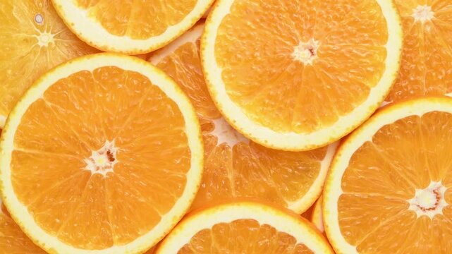 Overhead orange slices rotate in a horizontal frame, forming a juicy citrus pattern of fresh fruit.
