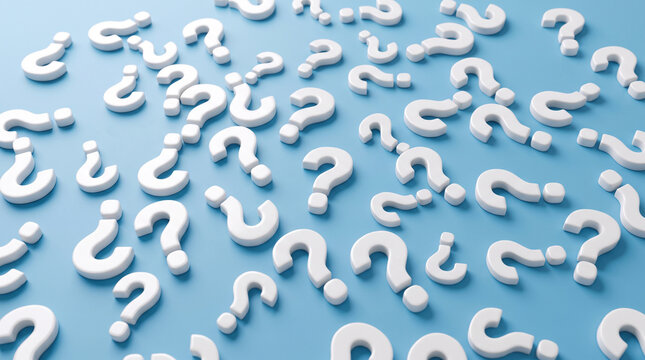 Scattered white question marks of various sizes lying on light blue background representing confusion curiosity database search and mass inquiries.