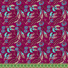 Vibrant floral pattern with birds on magenta background © Wolfworker