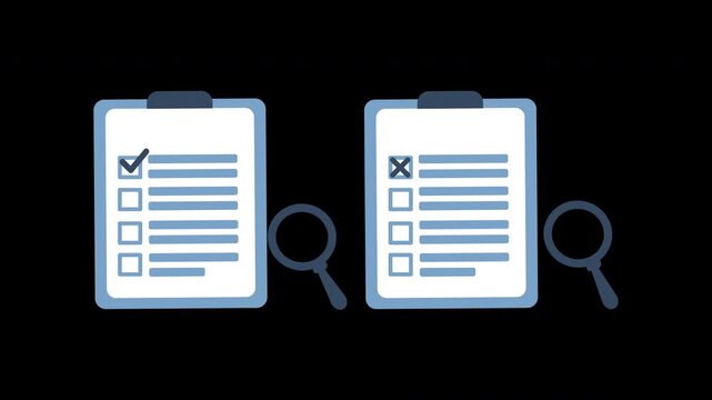 Approved and rejected clipboards comparison with checkmarks, cross marks, and magnifying glass cartoon animation for a business task checklist icon and document validation animation