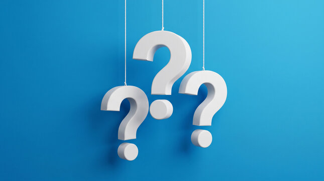 White 3d question mark symbols suspended on strings against bright blue background for customer support and frequently asked questions use.