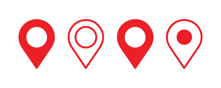 Red map pointer icon set in solid and outline style for location tracking on transparent background.