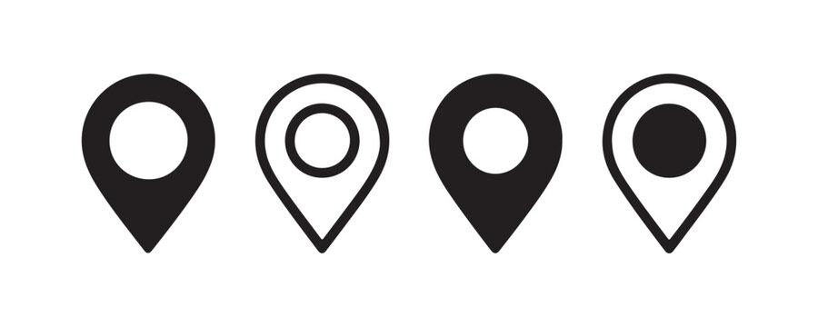 Black minimalist map pin icons in bold and line versions for location identification and navigation.