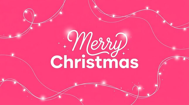 Merry christmas greeting text with glowing white string lights on a bright pink background isolated on white background