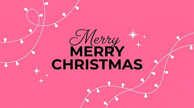 Merry christmas text greeting card design with glowing white string lights on a pink background isolated on white background