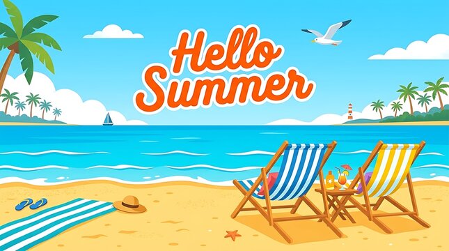 Hello summer text with beach chairs on a sunny tropical sandy island shore by the blue ocean isolated on white background