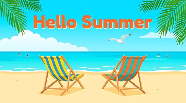 Hello summer text with beach chairs on the sand by the blue ocean and palm leaves isolated on white background