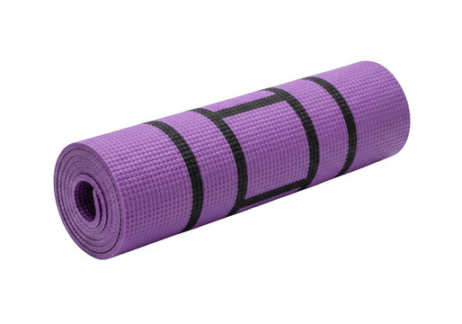 Purple yoga mat rolled up for exercise and fitness training isolated on transparent background