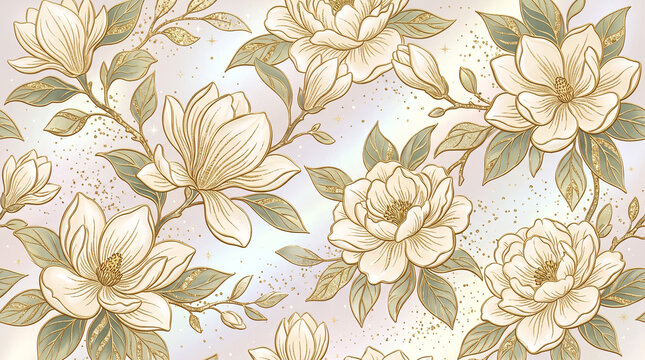 Luxury floral pattern featuring elegant white magnolia flowers with glowing golden glitter and delicate leaves