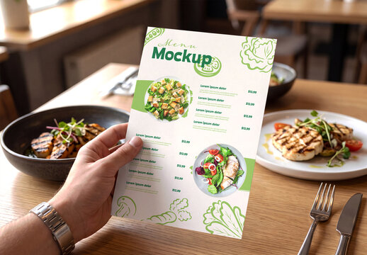 Hand Holding Restaurant Menu Card Mockup