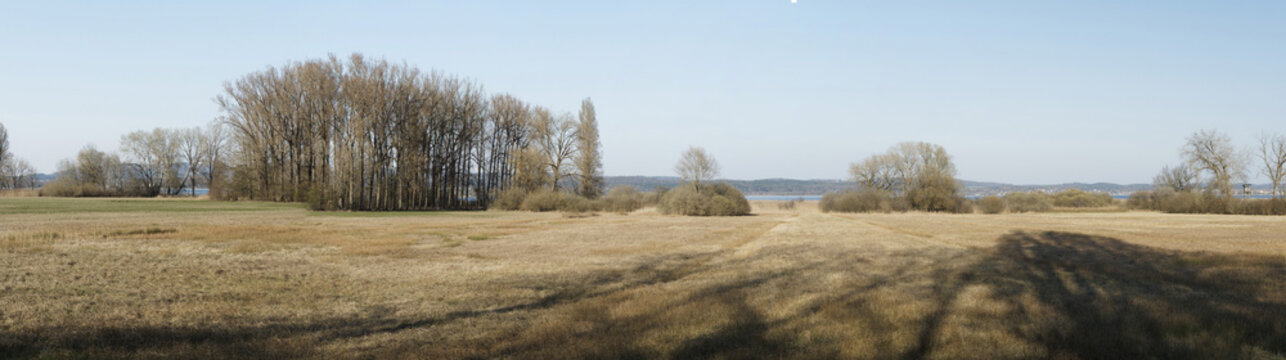 Herbstlandschaft an der Hornspitze auf der H&ouml;ri-Halbinsel am Bodenseufer-Untersee. Schilfbest&auml;nde, Trockene und feuchte Graswiesen, Weidengeb&uuml;sche und Baumreihen am Ufer des Blaue Lagunens