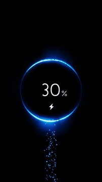Futuristic battery charging interface showing percent power with a glowing blue energy ring and electric symbol on a black background, representing fast charging and digital power technology.