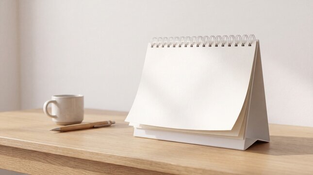 Blank spiral desk calendar with a cup and pen on a wooden table surface with surface next ceramic white spiral bound calendar sits professional