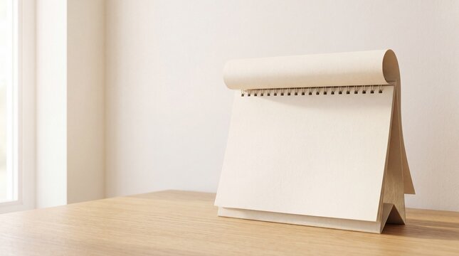 A blank spiral bound desk calendar sits on a wooden table in a bright room with calendar stands upright wooden surface with surface against plain