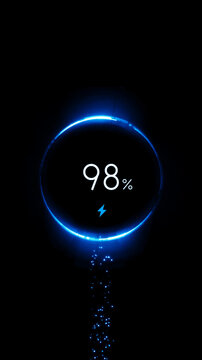 Futuristic battery charging interface showing percent power with a glowing blue energy ring and electric symbol on a black background, representing fast charging and digital power technology.