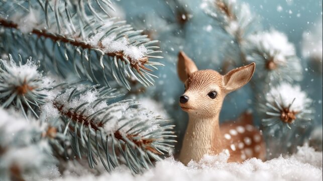 Holiday card scene with toy deer ornament and snowy fir branches
