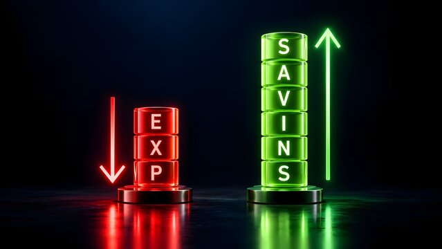 Glowing financial concept showing decreasing red expenses and increasing green savings cylinders with directional arrows representing wealth management and budgeting