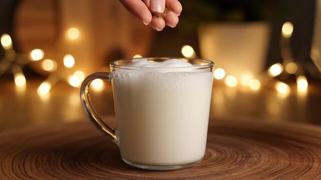 Pouring eggnog into glass mug with cinnamon sprinkle