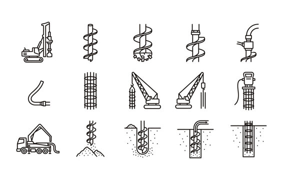 Continuous flight auger piling and deep foundation drilling equipment vector doodle set featuring rotary drilling rig auger bits rebar cage crawler cranes and concrete pumps