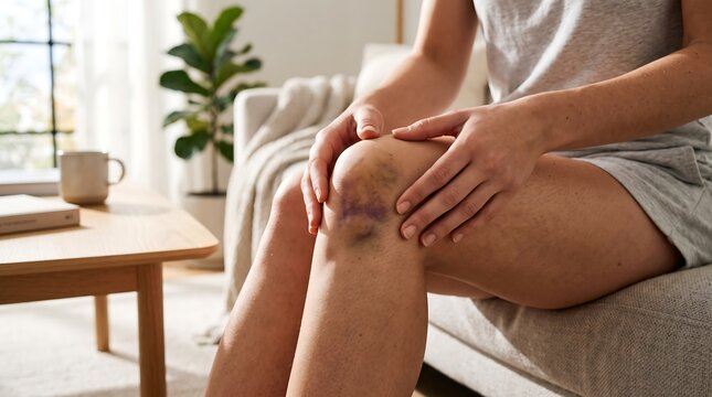 Close-up of injured woman touching painful bruised knee on sofa at home