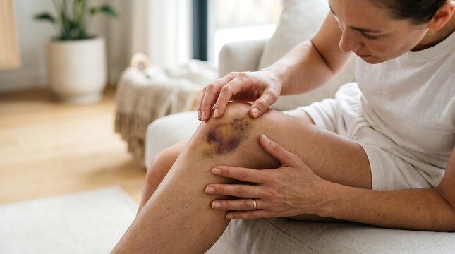 Injured woman sitting on sofa examining large bruise on knee at home