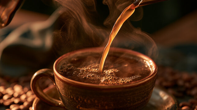 A steaming cup of coffee being poured, showcasing rich aromas and warm tones. Ideal for coffee lovers looking to elevate their cafe experience or illustrate brewing techniques.