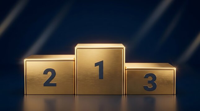 Golden winners podium with first second and third place awards on reflective surface
