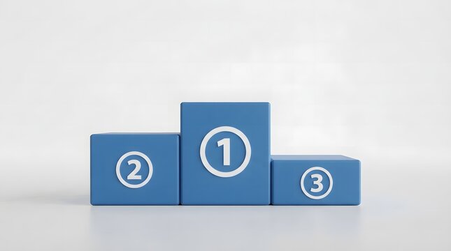 Blue podium with first second and third place awards on a white surface