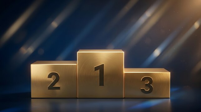 Golden winners podium with first second and third place awards on a dark background