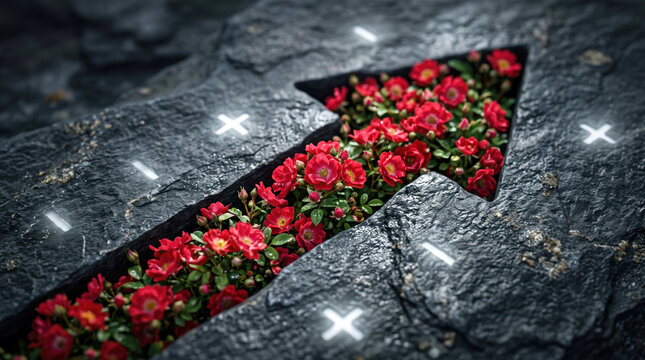 Arrow Shaped Crack in Stone Filled with Blooming Red Flowers