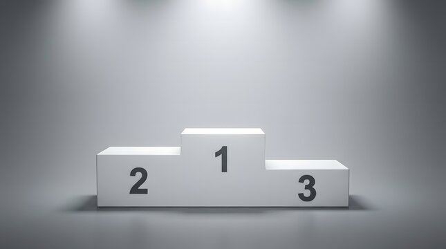 Empty winners podium with first second and third place platforms illuminated by spotlight