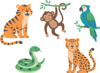 Obraz premium A collection of cute cartoon jungle animals including a tiger monkey parrot snake and leopard.