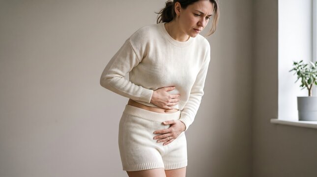 Young woman clutching stomach suffering from severe abdominal and menstrual pain