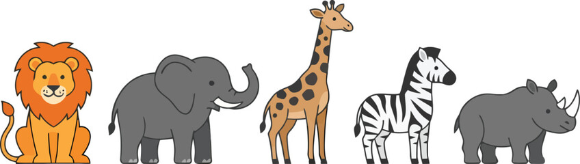 Obraz premium A collection of cute cartoon wild animals including a lion elephant giraffe zebra and rhinoceros.