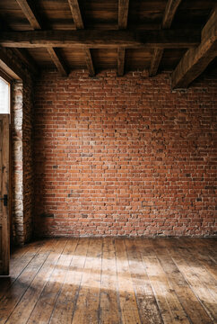 Industrial loft interior with exposed brick wall and wooden beams
