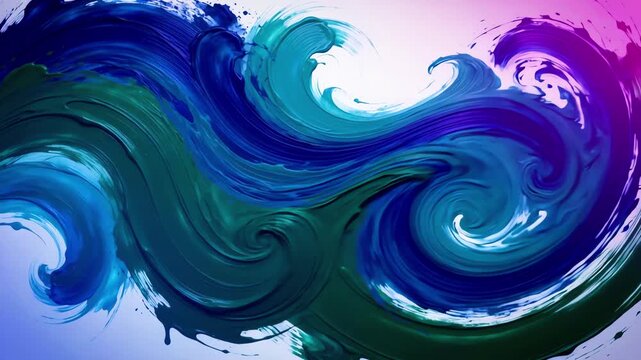 Abstract motion of bold dark green and blue brushstrokes flowing across a smooth white background with soft gradient light effects